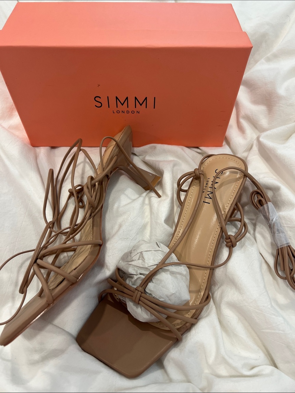 SIMMI London Tan Lace-Up Square-Toe Heels
